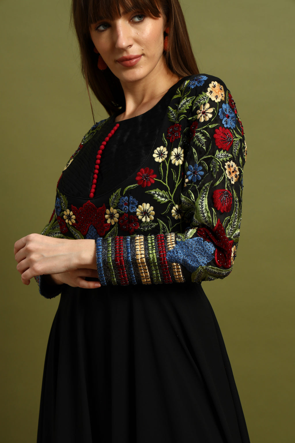 Black Anarkali Gown with Multicolor Embroidered Bodice