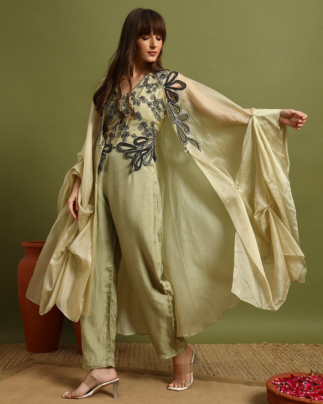 Golden Aura Embroidered Cape Set