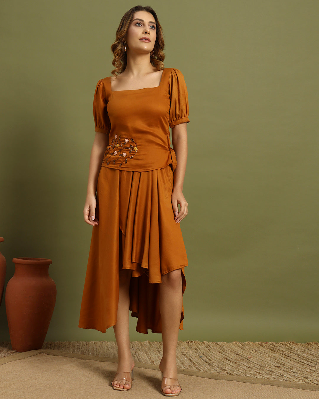 Amber Bloom Embroidered Midi Dress