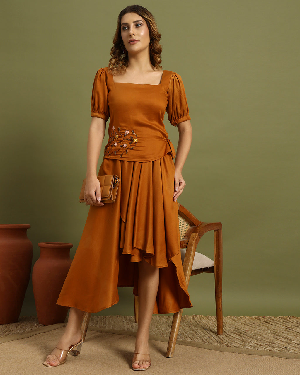 Amber Bloom Embroidered Midi Dress