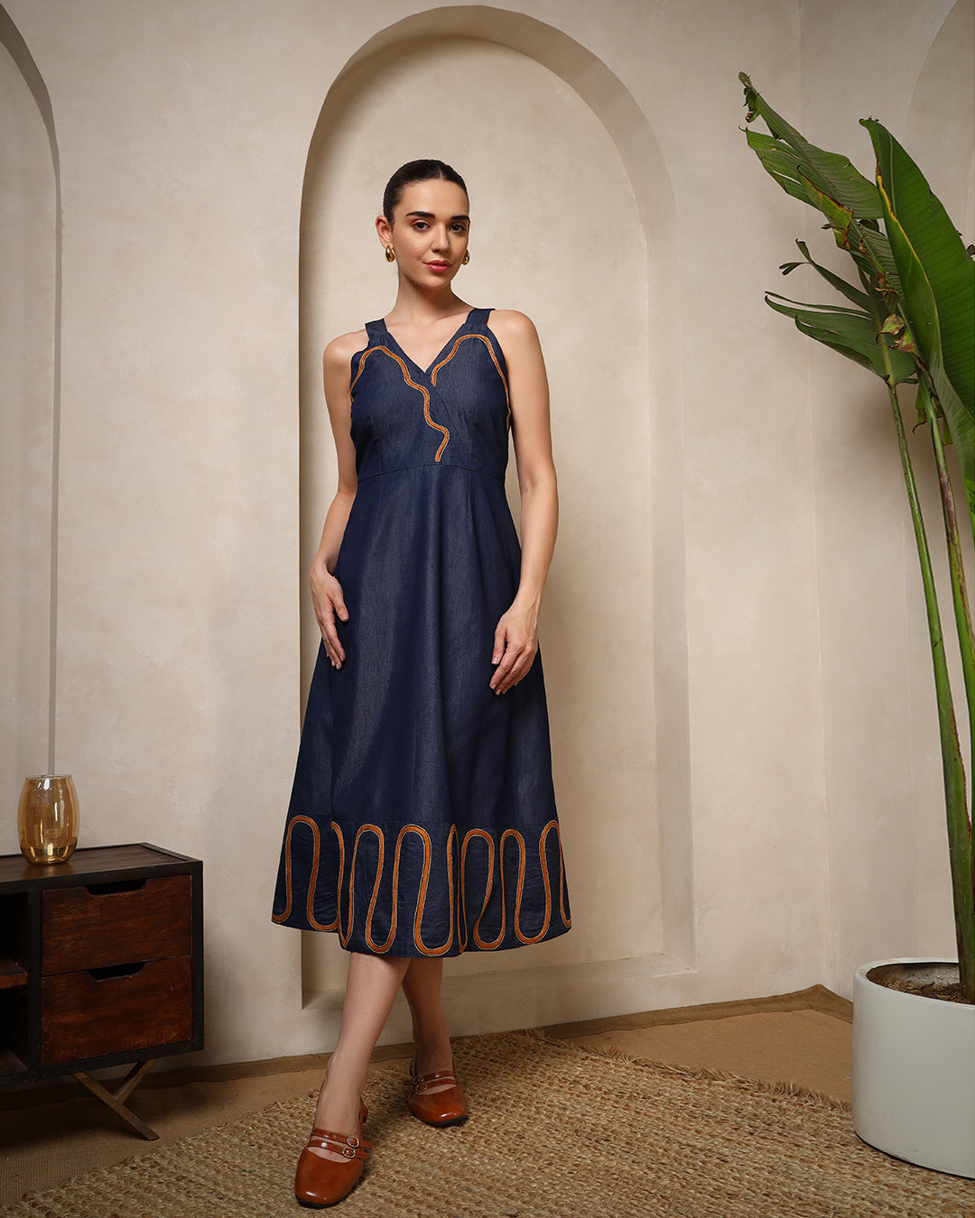 Indigo Wave Denim Midi Dress