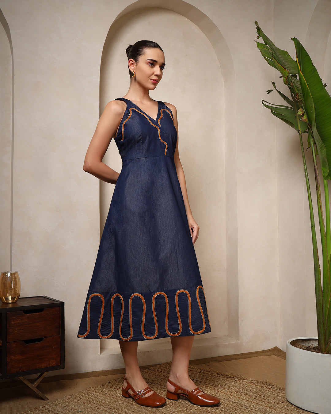 Indigo Wave Denim Midi Dress