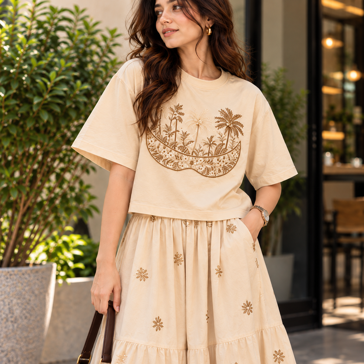 Women’s Beige Embroidered Crop Top & Flared Skirt Co-ord Set