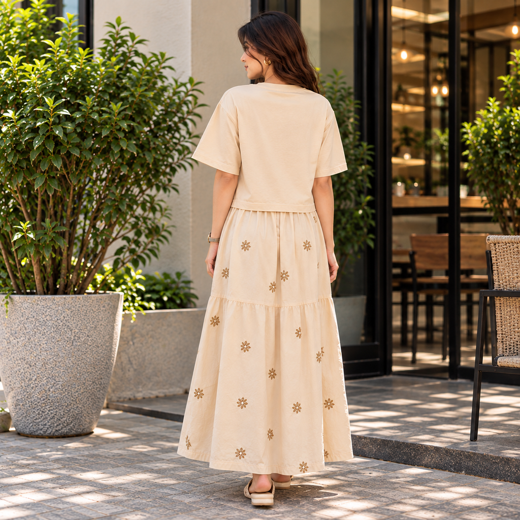 Women’s Beige Embroidered Crop Top & Flared Skirt Co-ord Set