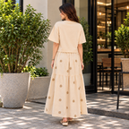 Women’s Beige Embroidered Crop Top & Flared Skirt Co-ord Set
