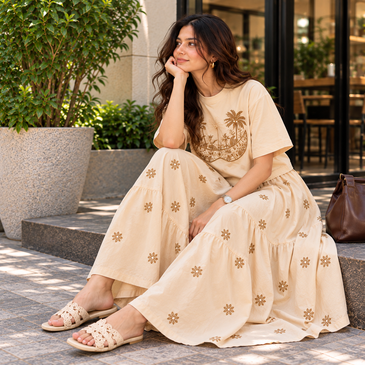Women’s Beige Embroidered Crop Top & Flared Skirt Co-ord Set