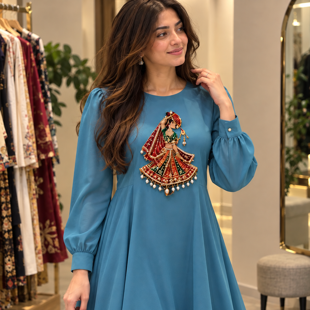 Myriads Teal Embroidered Dress