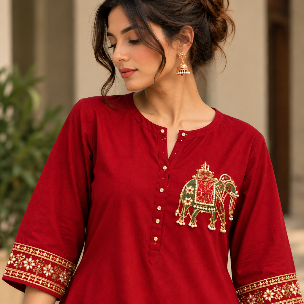 Myriads Maroon Embroidered Flared Kurta Set