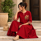 Myriads Maroon Embroidered Flared Kurta Set