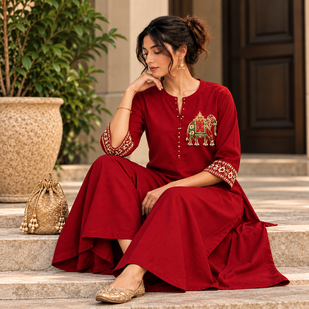 Myriads Maroon Embroidered Flared Kurta Set