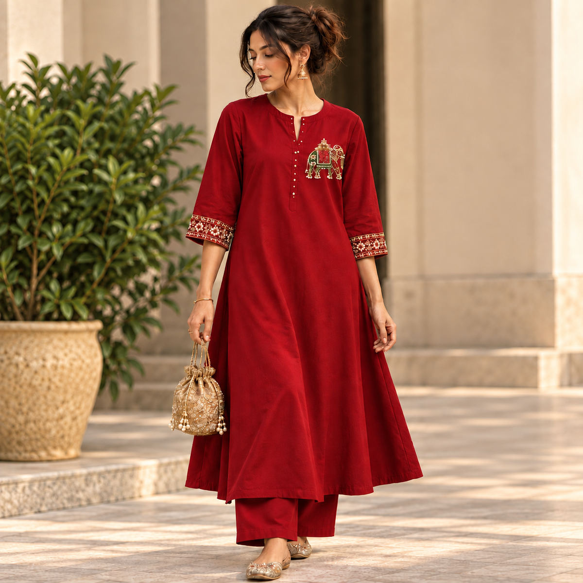 Myriads Maroon Embroidered Flared Kurta Set