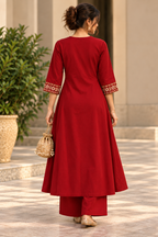 Myriads Maroon Embroidered Flared Kurta Set