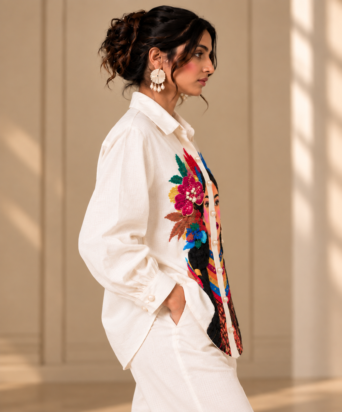 Pearl Portrait Embroidered Ivory Co-Ord Set