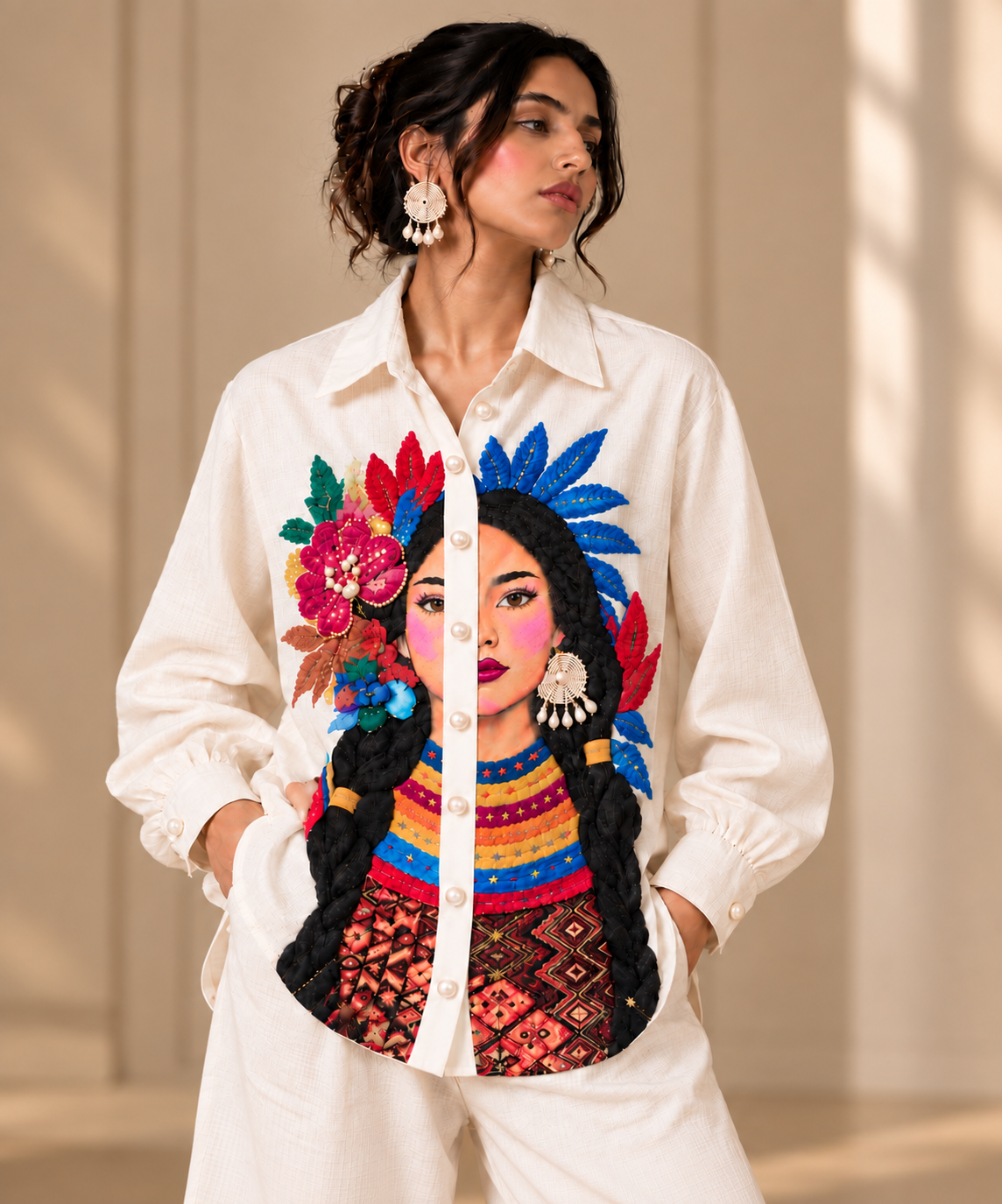 Pearl Portrait Embroidered Ivory Co-Ord Set