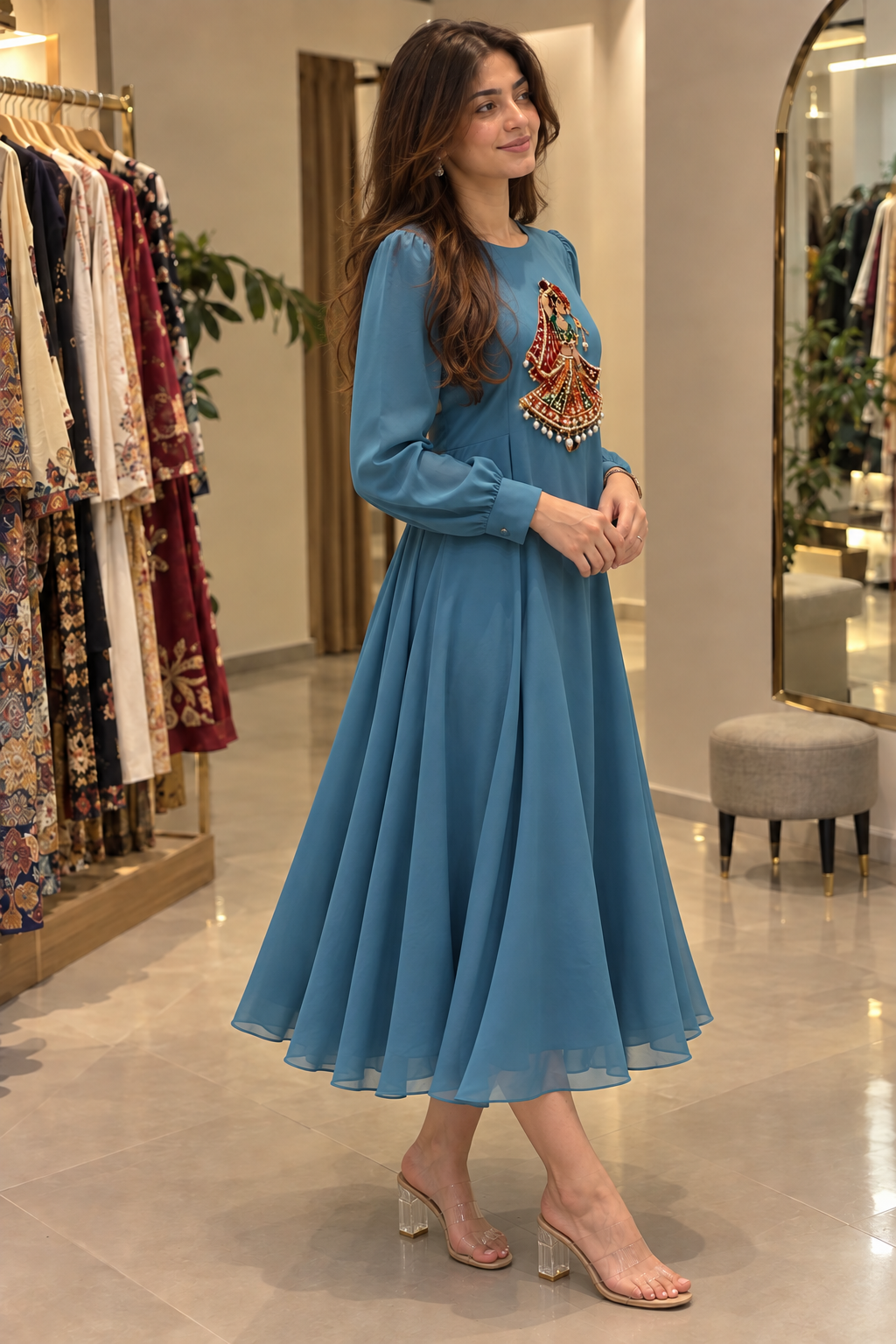Myriads Teal Embroidered Dress