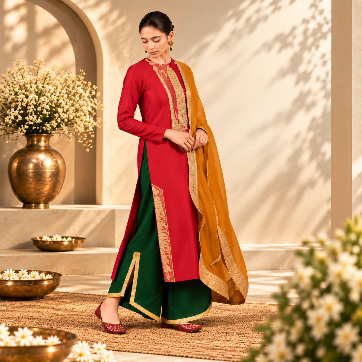 Women's Embroidered Red Kurta Set with Dupatta