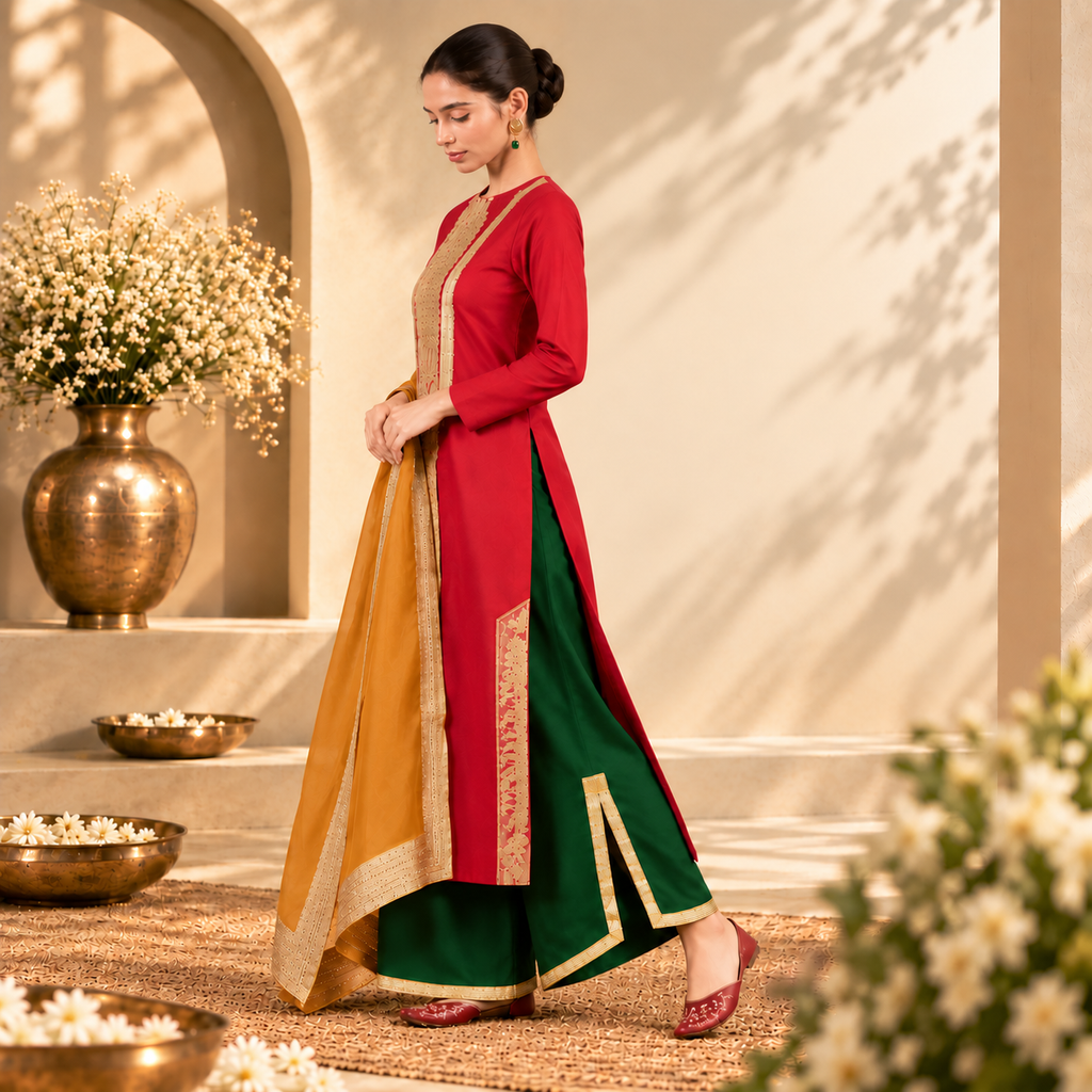 Women's Embroidered Red Kurta Set with Dupatta