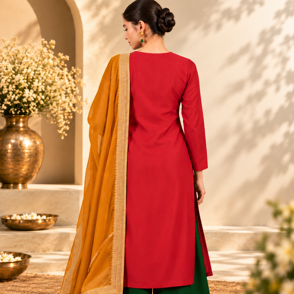 Women's Embroidered Red Kurta Set with Dupatta