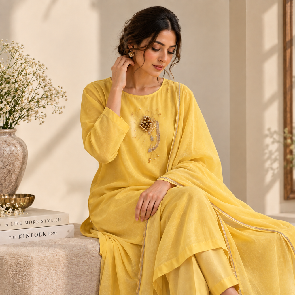 Myriads Sunshine Yellow Embroidered Suit Set