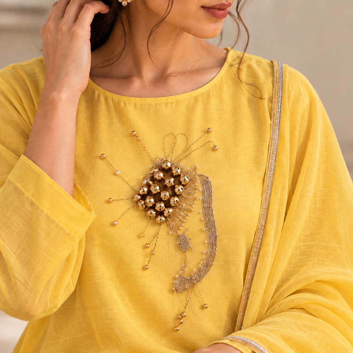 Myriads Sunshine Yellow Embroidered Suit Set