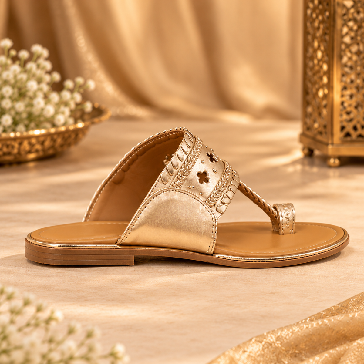 Elegant Golden Ethnic Flat Sandals