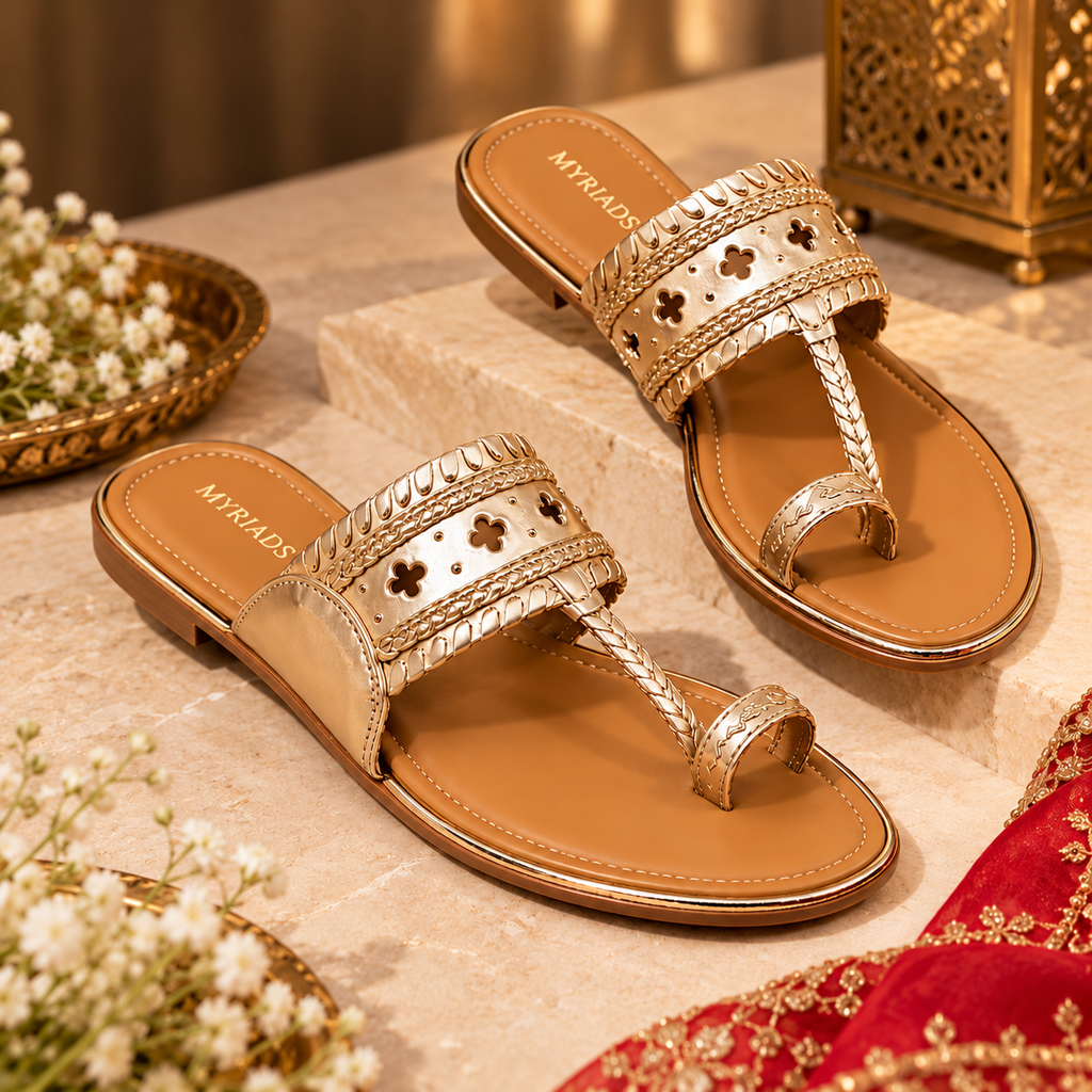 Elegant Golden Ethnic Flat Sandals