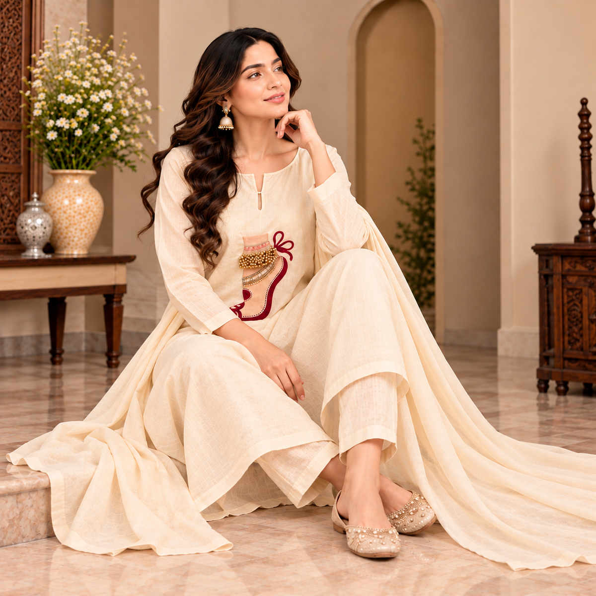 Women’s Cream Ethnic Kurta Pant Set with Printed Dupatta