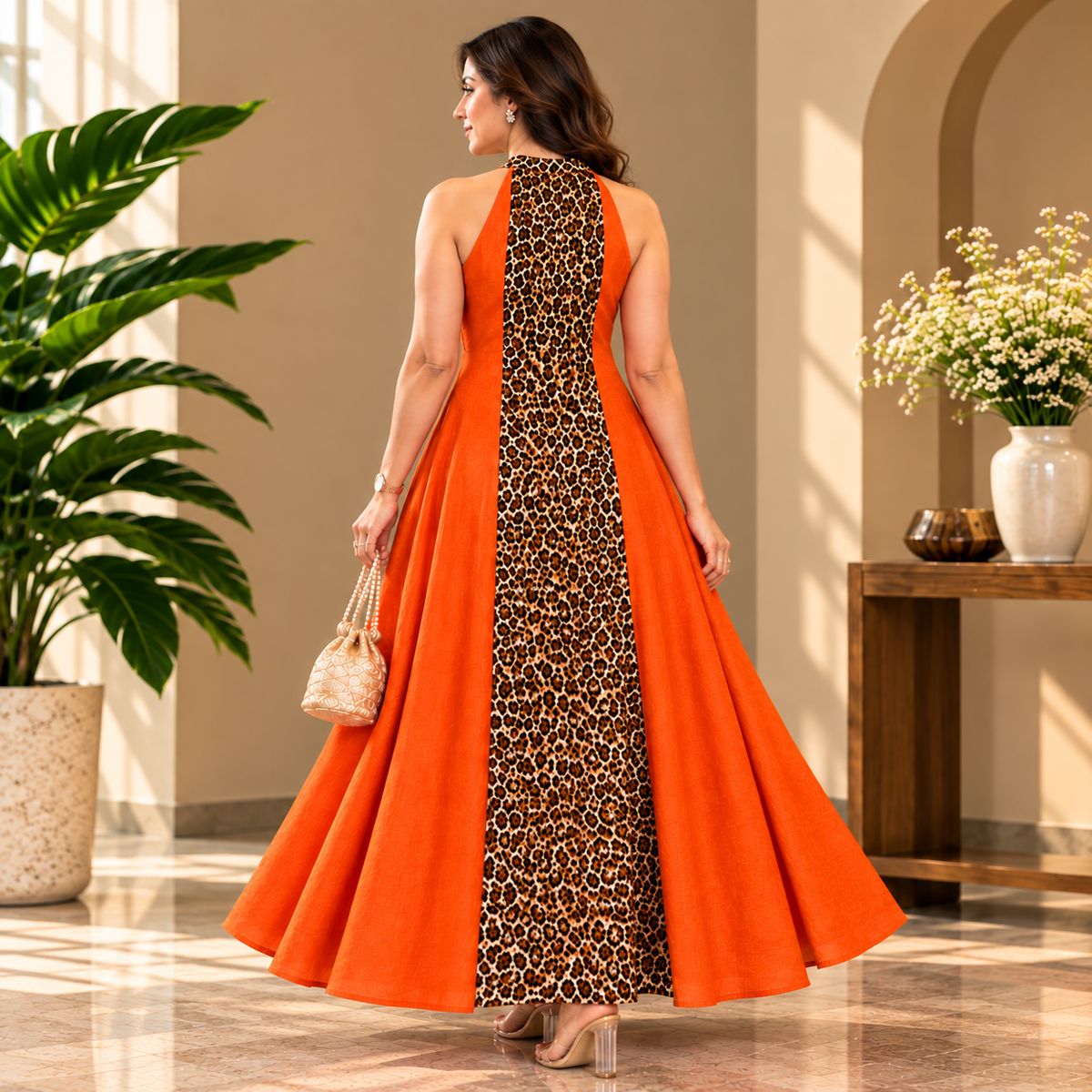 Leopard Elegance Flared Maxi Dress