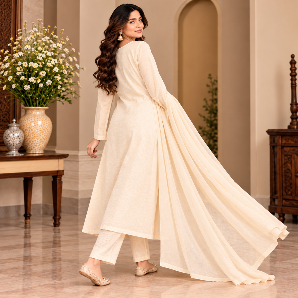 Women’s Cream Ethnic Kurta Pant Set with Printed Dupatta