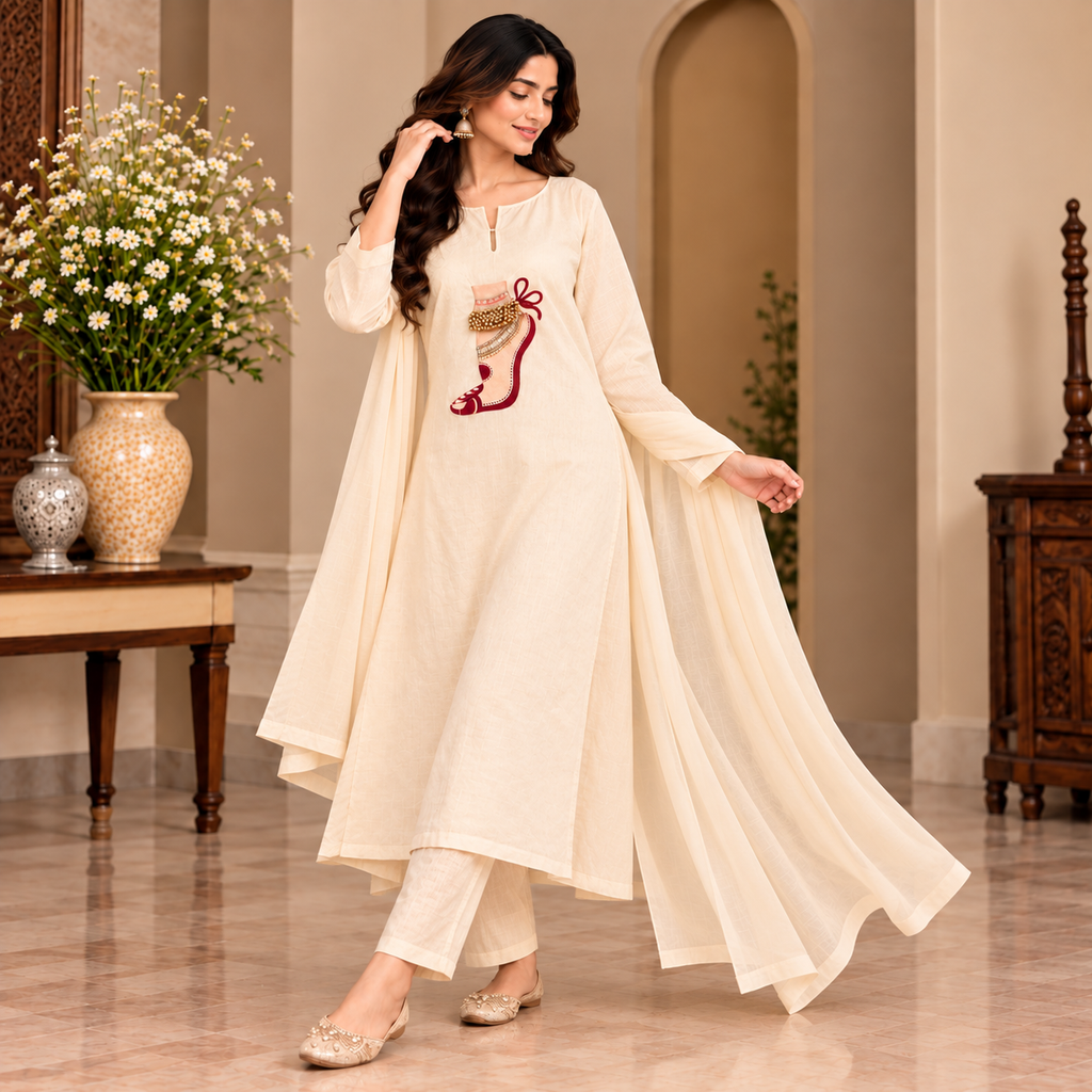 Women’s Cream Ethnic Kurta Pant Set with Printed Dupatta