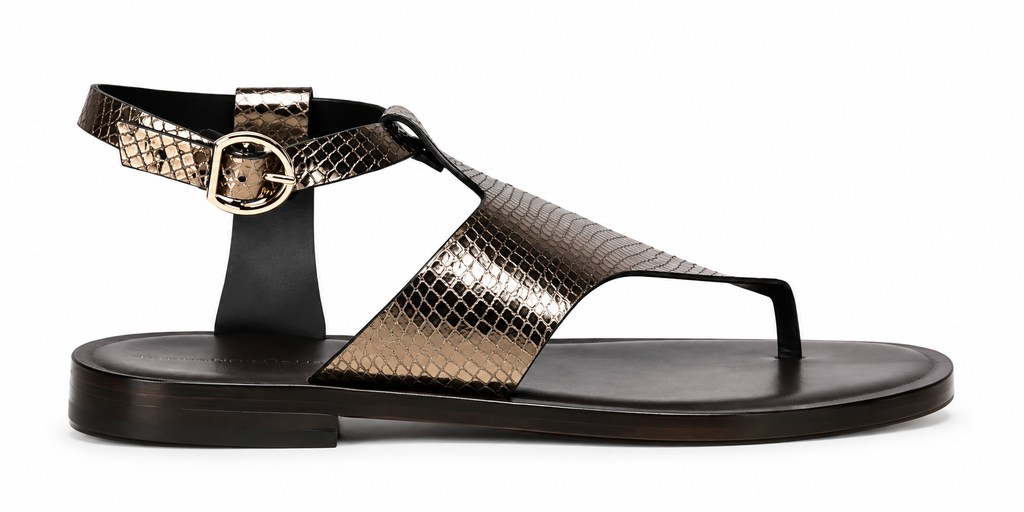 Women's Premium Textured T-Strap Flat Leather Sandals