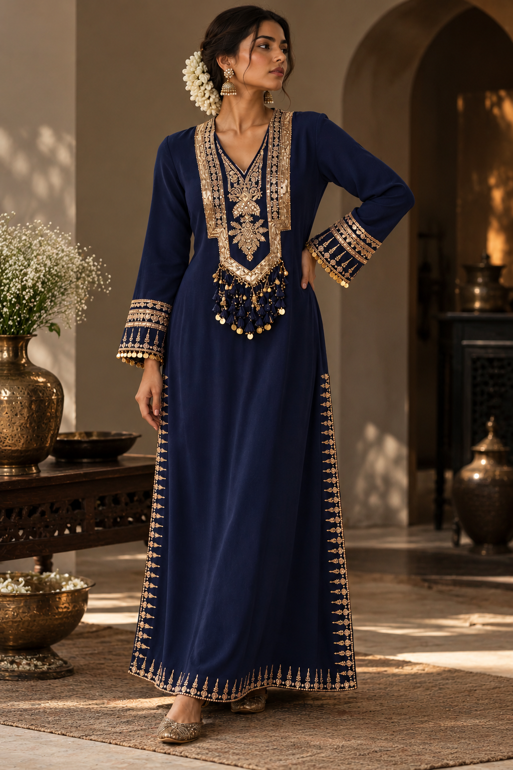 Royal Navy Blue Gold Embroidered Ethnic Gown