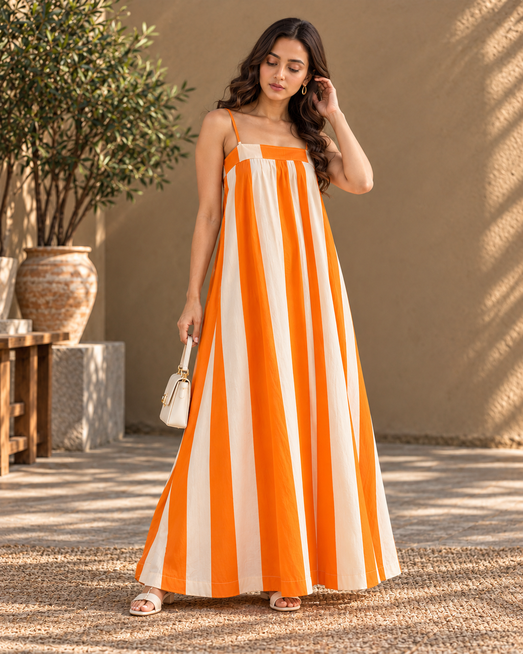 Orange & Ivory Striped Sleeveless Maxi Dress