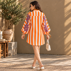 Myriads Orange & White Striped Shirt Dress
