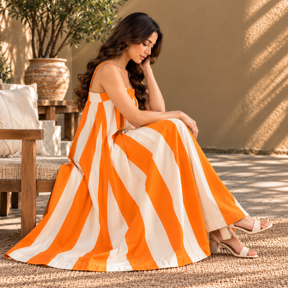 Orange & Ivory Striped Sleeveless Maxi Dress