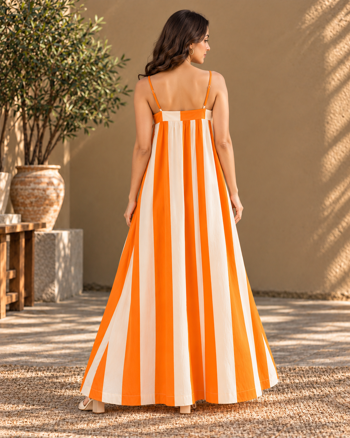 Orange & Ivory Striped Sleeveless Maxi Dress