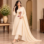 Women’s Cream Ethnic Kurta Pant Set with Printed Dupatta