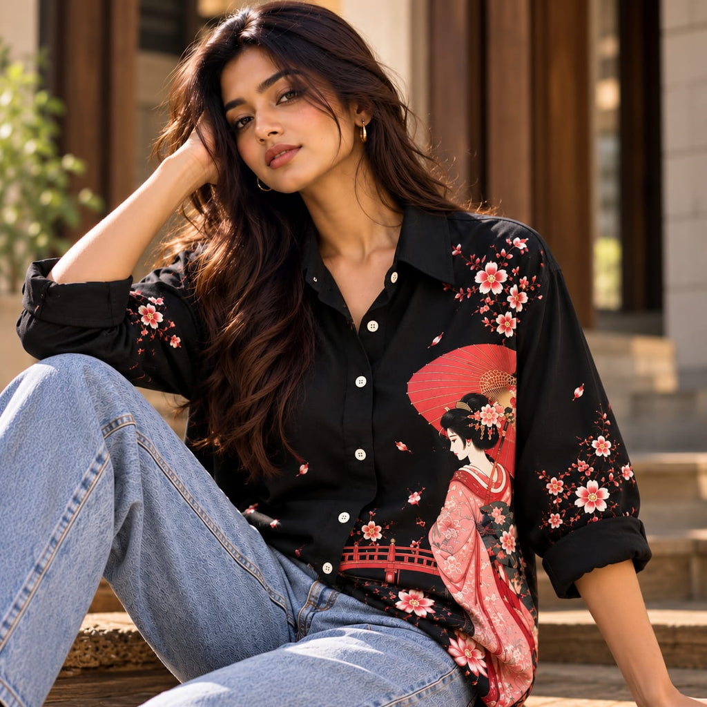 Japanese Sakura & Geisha Printed Black Shirt