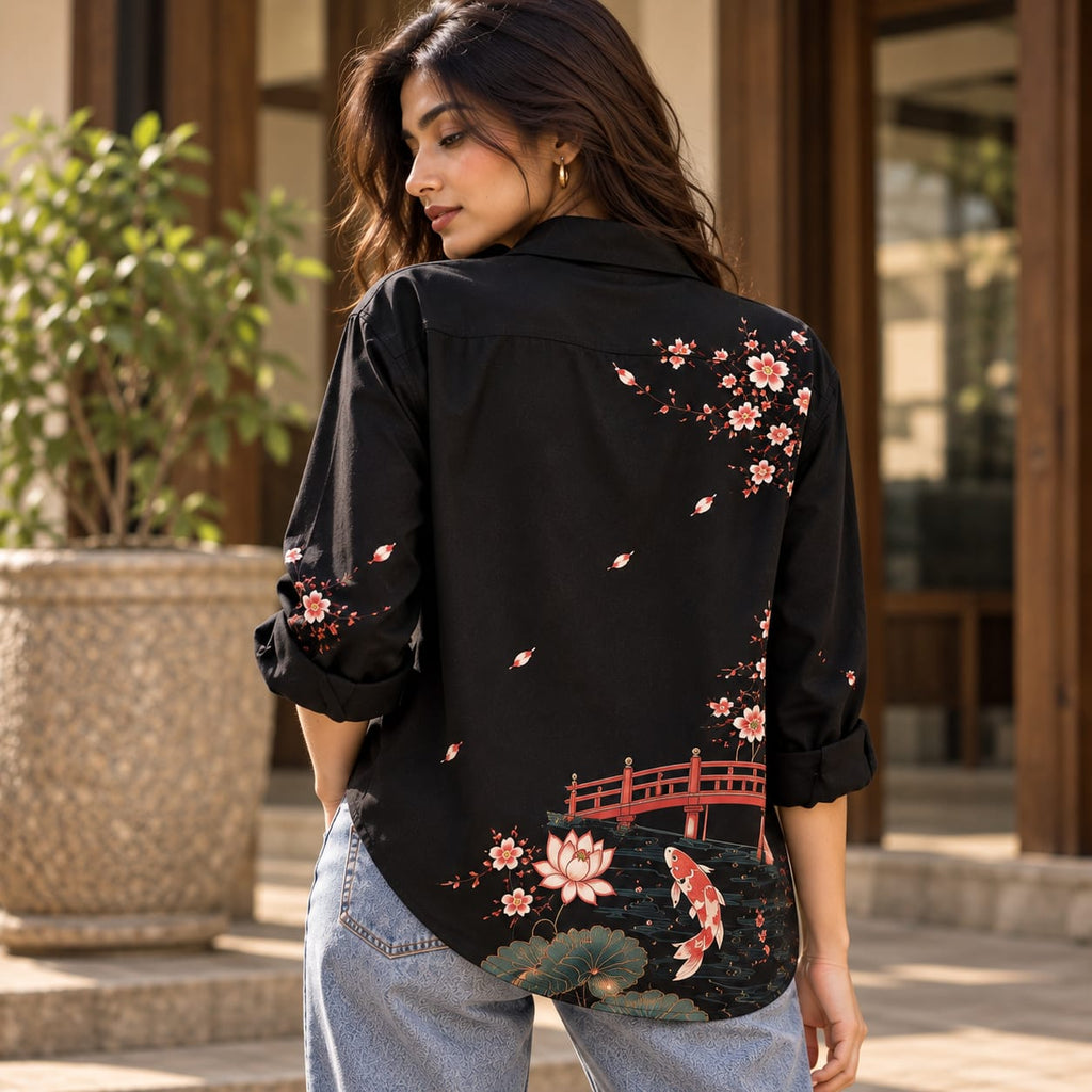Japanese Sakura & Geisha Printed Black Shirt