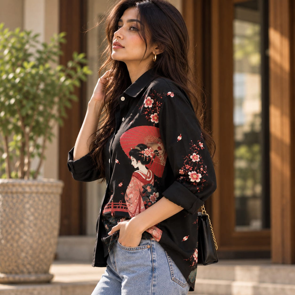 Japanese Sakura & Geisha Printed Black Shirt