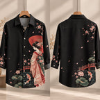 Japanese Sakura & Geisha Printed Black Shirt