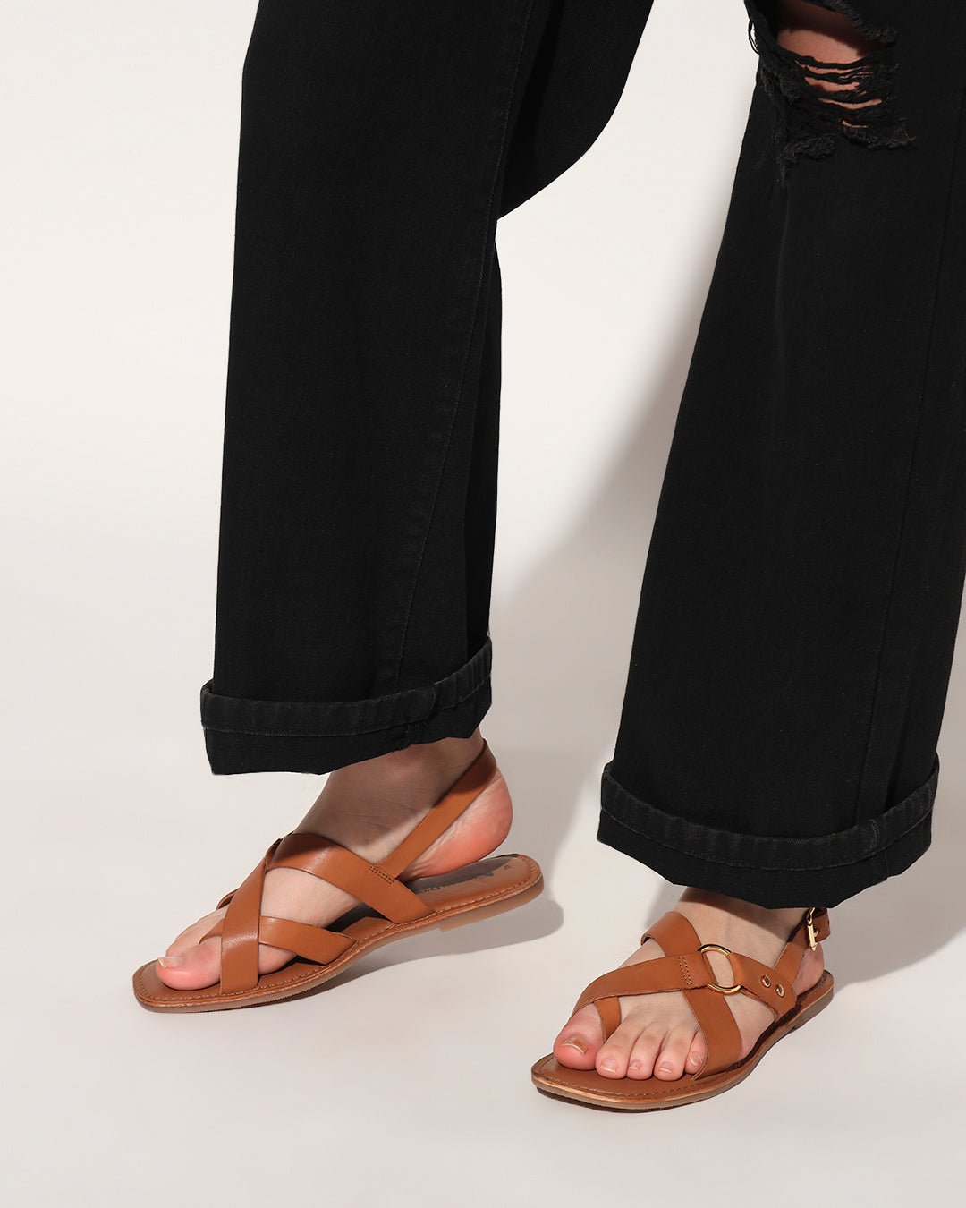 MYRIADS – Tan Brown Cross-Strap Flat Sandals