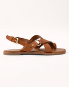 MYRIADS – Tan Brown Cross-Strap Flat Sandals