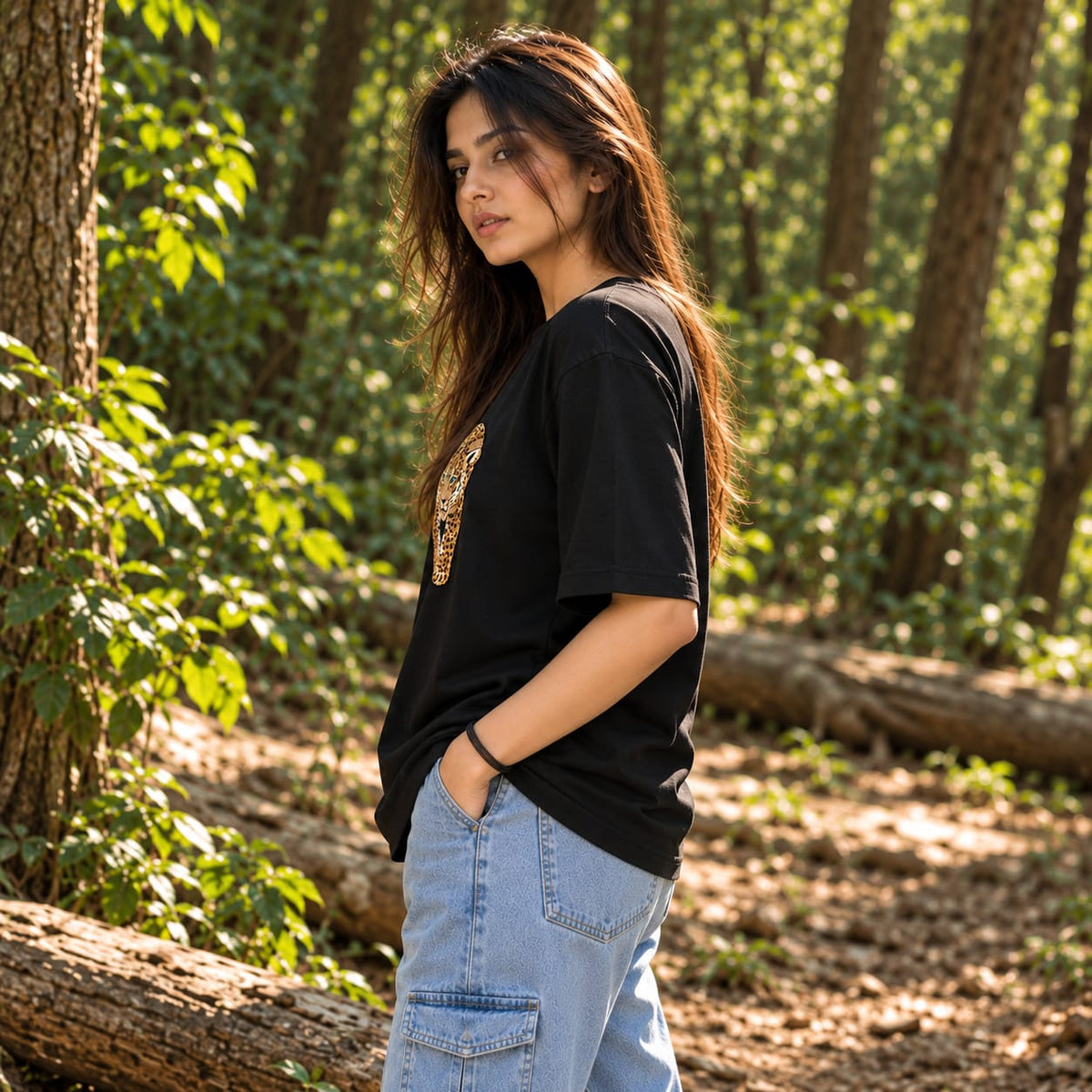 Black Leopard Graphic Oversized Embroidery T-Shirt