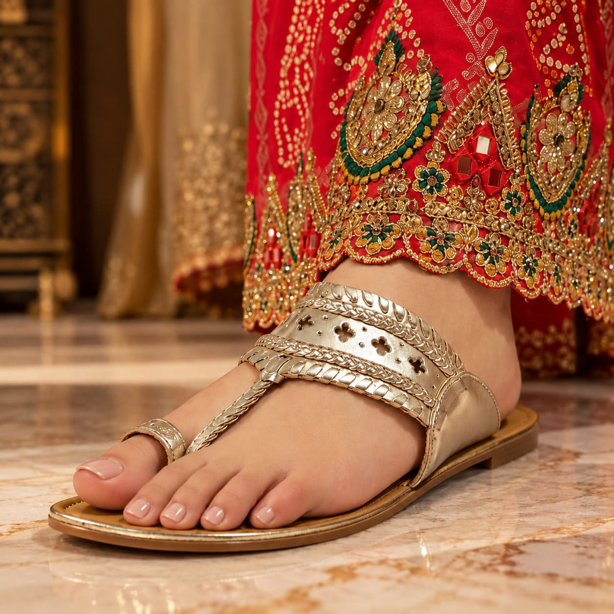 Elegant Golden Ethnic Flat Sandals
