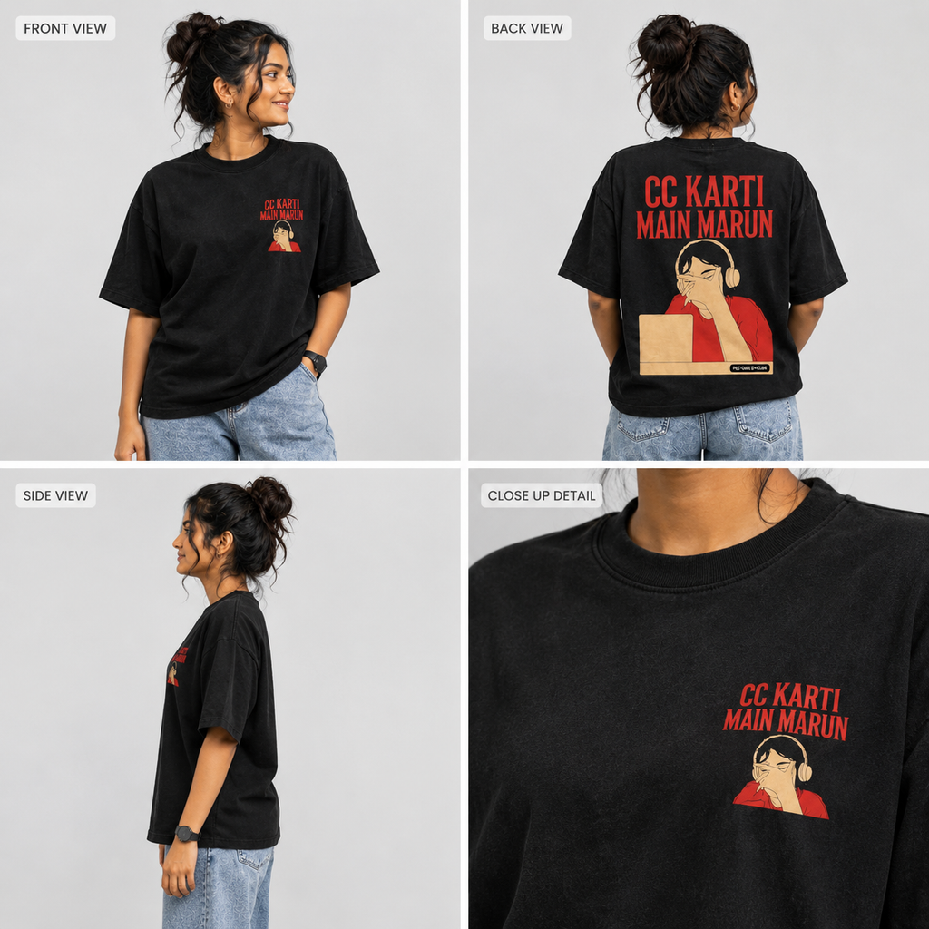 Front, back, side and close-up views of black printed oversized T-shirt