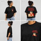Front, back, side and close-up views of black printed oversized T-shirt
