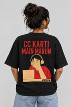 Back view of black oversized T-shirt with red lettering and illustrated graphic