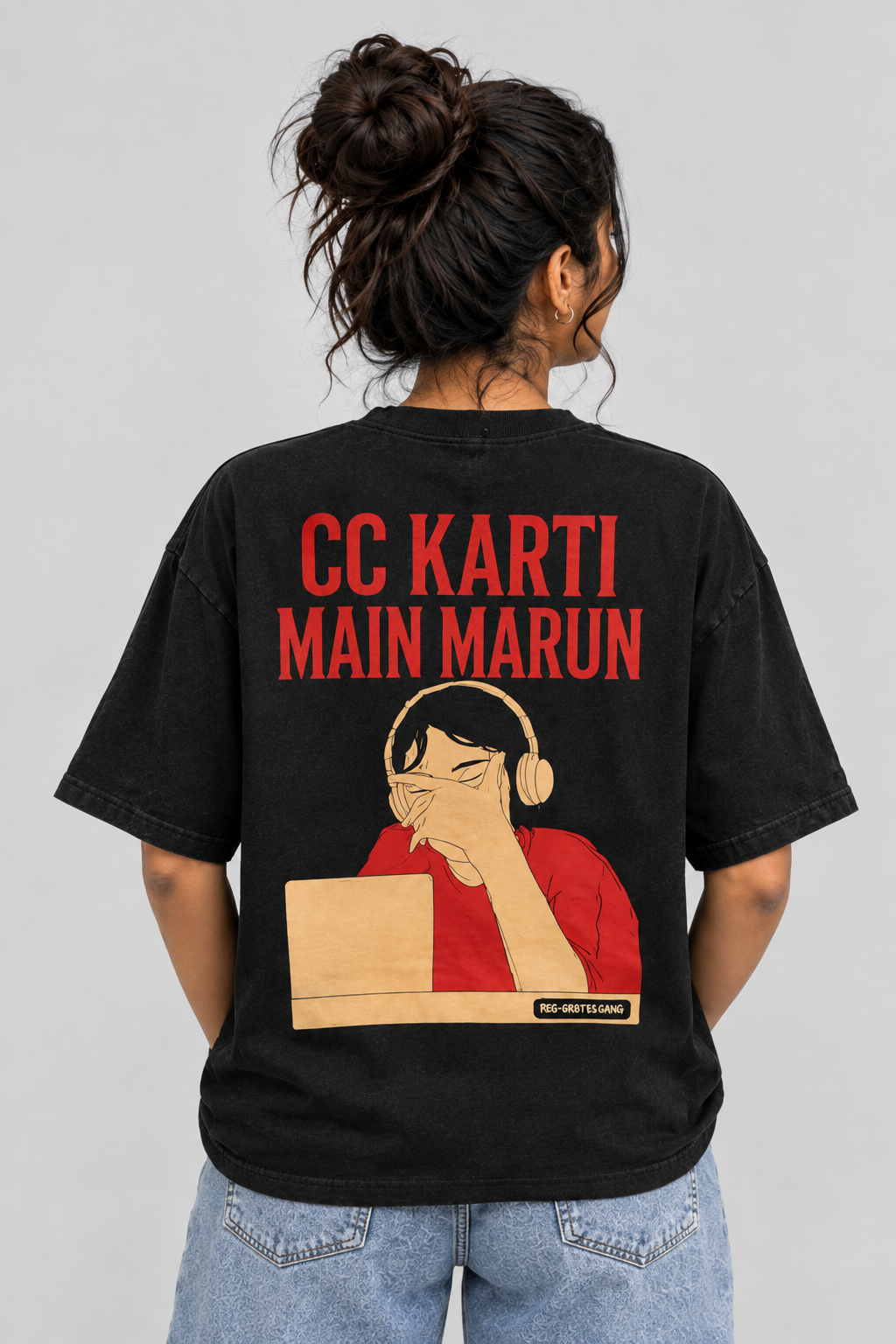 Back view of black oversized T-shirt with red lettering and illustrated graphic