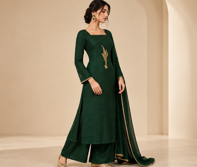 Myriads Emerald Botanical Embroidered Straight Suit Set